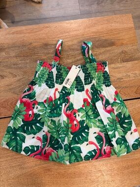 Janie and Jack White Tank Top with Green Tropical Leaves and Pink Flamingos